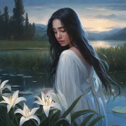 Prompt: girl crying by the edge of a lake, blue, long hair, white, lilies, night, mtg card art, close up