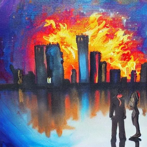 Prompt: Two people in deep and spiritual love while the whole world is burning down abstract and oil painting with a broken city background 