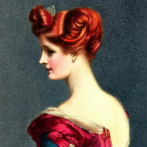 Prompt: A color portrait of a high-class, beautiful Victorian girl. With red hair, dark blue eyes, and a beautiful gown.