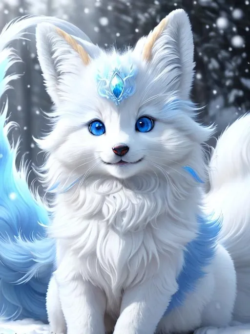 Prompt: 8k, UHD, masterpiece, best quality, trending on artstation, hyperrealistic, Portrait of a {beautiful Vulpix}, {canine quadruped}, innocent curious blue eyes, intricately detailed snow white fur, large blunt blue ears, curious innocent smile, six beautiful wispy tails curled at the tip, fluffy white mane, blue ice fur lighlights, in a winter wonderland, {auroras} fill the night sky, sharp focus, intricately detailed fur, brilliant detailed eyes, beautifully detailed face, beautifully detailed background, perfect composition, sharp focus, unreal engine, intricately detailed mouth and teeth, by Yuino Chiri