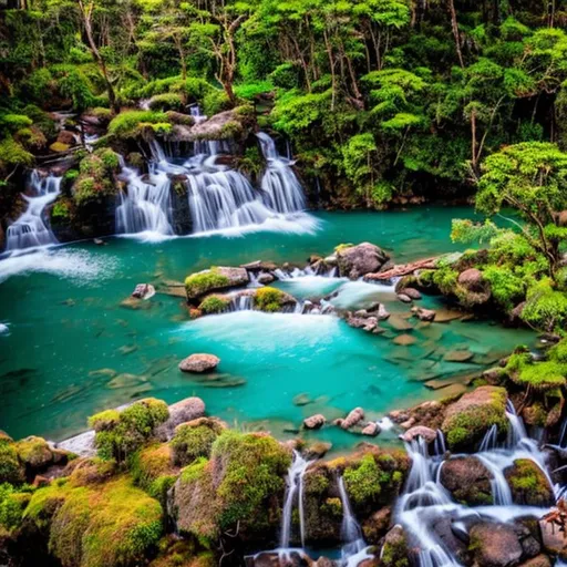 Prompt: Imagem realista de fazenda com unicórnios, borboletas e um lago azul, com uma cachoeira.