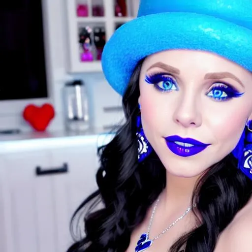 Prompt: Saweetie and Kristen bell inside kitchen, blue lipstick, candy pleasant face, blue eyes, Black eyeshadow, Sugar Hat, ice earrings. Blue heart necklace, Cold color scheme, ultradetailed, 8k resolution, perfect, smooth, high quality, shiny. Magic Cake wand. 