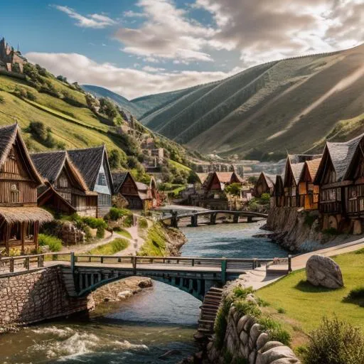 Prompt: Fantasy town along the riverside, panoramic picture, landscape, photo realistic, intricate details, open plains and hills
