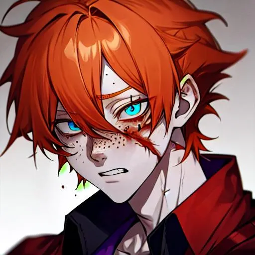 Prompt: Erikku male adult (short ginger hair, freckles, right eye blue left eye purple) UHD, 8K, Highly detailed, insane detail, best quality, high quality, anime style, covered in blood, covered in cuts, scars, badly wounded, in pain, 