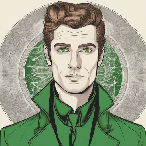 Prompt: perfect composition, {30 year old}, lean {irish man}, wearing futuristic {black tech shirt and future tech noble's coat}, {coat of arms on clothes}, {brown pompadour hair}, {green eyes}, determined expression, looking at viewer, eyes, detailed face, intricate details, proportional, shaved face, trimmed face, shaven skin, hairless face, sharp focus,  intricate details, highly detailed, intricate artwork masterpiece, ominous, intricate, epic, vibrant, rpg art. Star trek art. 2d art. 2d