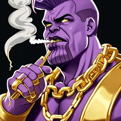 Prompt: thanos smoking at night with a gold chain and a joint in his hand 4k