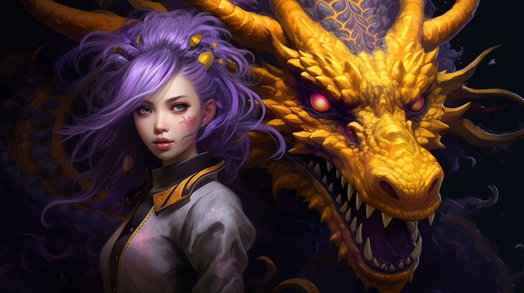 Prompt: purple and black dragon girl by mr kaz, in the style of haunting portraiture, dark white and yellow, anime art, john wilhelm, eye-catching, fairycore, loose paint application
