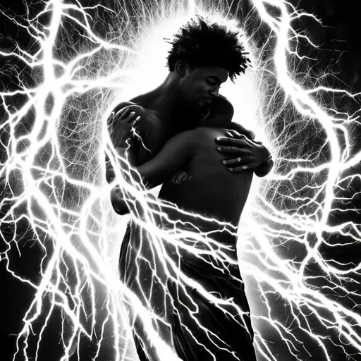 Prompt: black and white picture with a spiritual vibe of a man with a golden aura being hugged or embraced by his own spirit or soul that is bright white .  With dramatic effects

