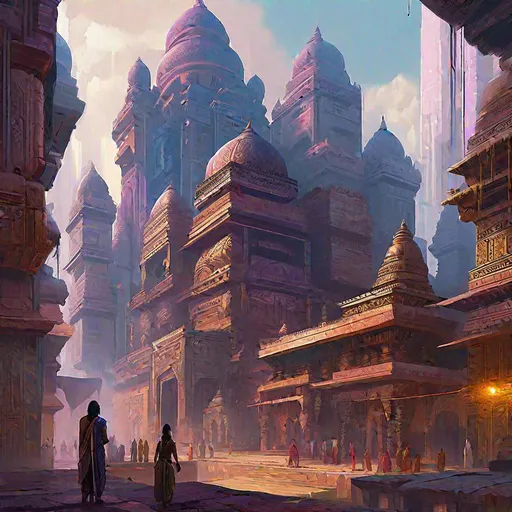 Prompt: A vast Cyberpunk Indian city with a great hindu temple in background. D&D art, RPG art. Fantasy Art. Pathfinder Art