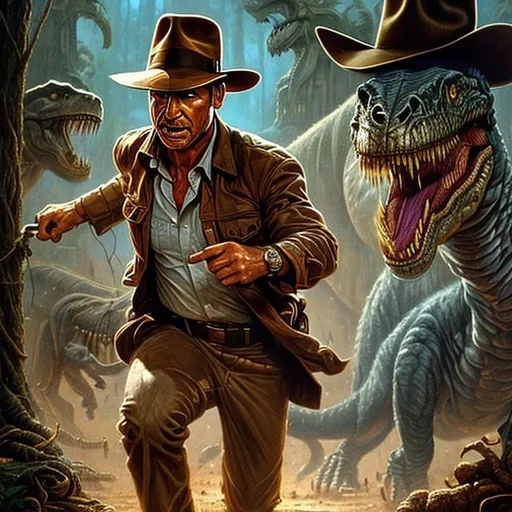 Prompt: ultra realistic illustrated movie poster, incredibly detailed Harrison Ford face, {{Indiana Jones being chased by a T-Rex}}, intricate, elegant, highly detailed, digital painting, artstation, concept art, smooth, sharp focus, illustration, art by artgerm and greg rutkowski and drew struzan