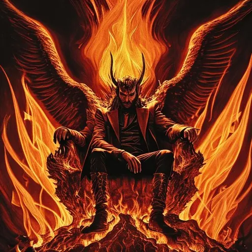 Prompt: lucifer sitting on his thrown in hell with fire behind him and devils kneeling
