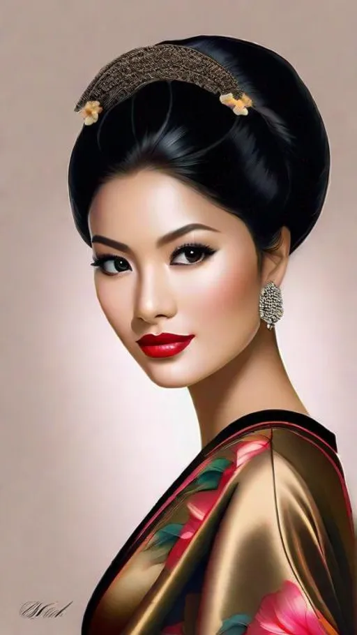 Prompt: (portrait photograph), pretty young Indonesian woman with tropical flowers, (silk blouse, long black skirt), (round face, high cheekbones, almond-shaped brown eyes, slight epicanthic fold, short black hair, small delicate nose, slightly flattened nose bridge, wide nasal base, full luscious lips, light tan skin), perfect hourglass figure, by Nobuyoshi Araki