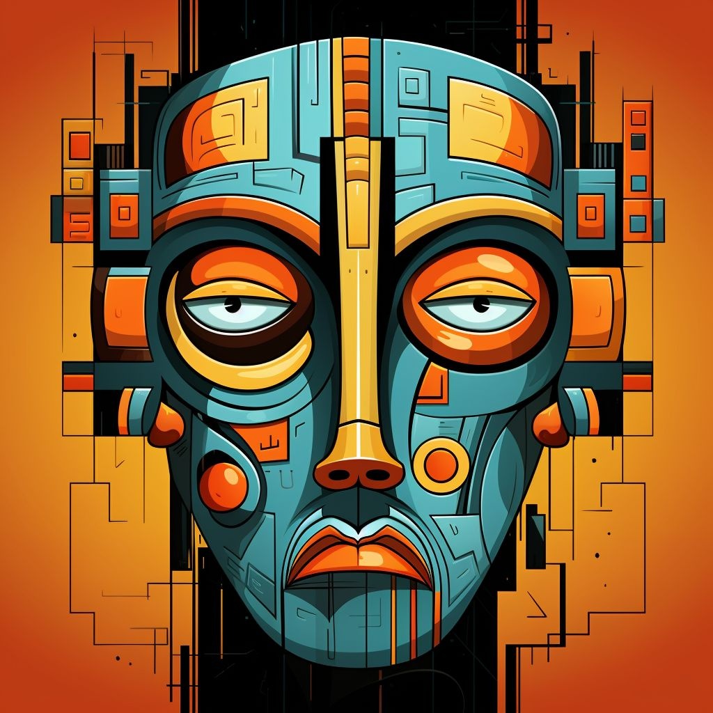 Prompt: an artistic illustration of an alien face, in the style of cubist cityscapes, grotesque characters, mesoamerican influences, dark orange and light cyan, gothic grotesque figures, illustration, city portraits