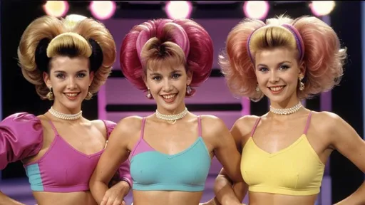 Prompt: Early 90s happy fun French morning tv show with full on aerobic dancing pop stars with big shoulder pads and big French bouffant hairstyles dressed in garish dated 90s colors.