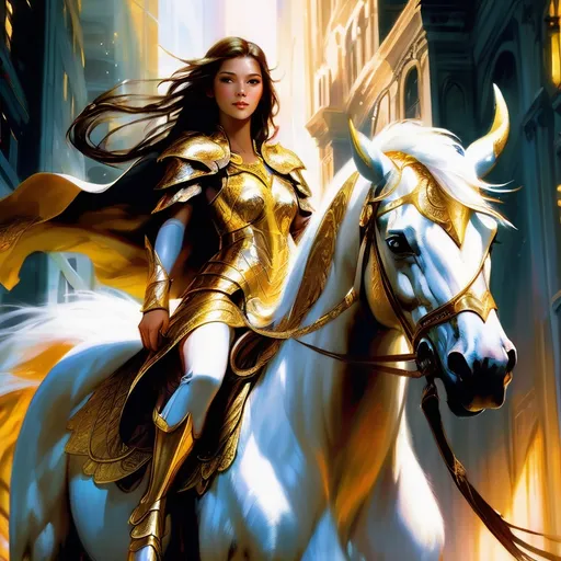 Prompt: (epic fantasy character art), a woman with (long flowing dark hair), wearing (white metallic armor) and a (white and gold furry cape), riding on a majestic mythical creature, capturing the grandeur of a fantasy realm, intricate detail, full of dynamic movement, rich textures, enchanted atmosphere, dramatic lighting, vivid contrast, inspiration from Aleksi Briclot's furry art, ultra-detailed, high quality.