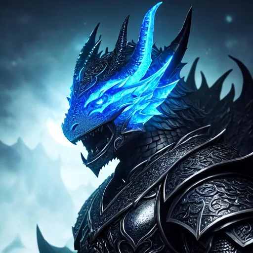 Prompt: Fantasy d&d style, a hyper realistic detailed image of black dragonborn, black scales, dragonborn fighter, covered in moonlight glow, body facing camera, camera top third of image, perfect composition, super detailed, sharp focus HDR, UDR, 120k,  glowing blue armor, black shoulder plates, dragon horns, burning cinder eyes, blue moon fantasy background, moonlight greatsword, d&d