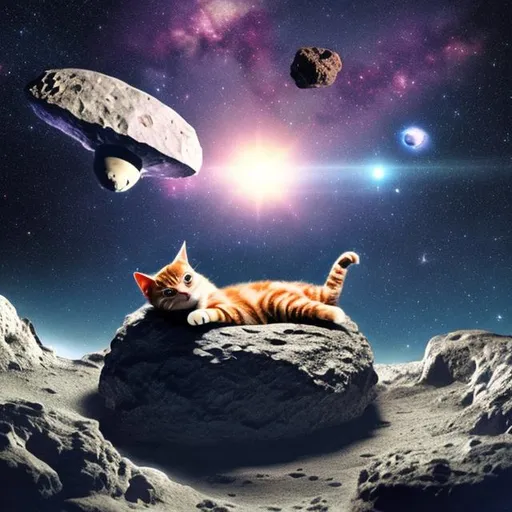 Prompt: cat laying on an asteroid, pawing at a ufo in the milky way galaxy 