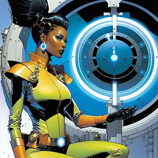 Prompt: Sofi Fynch--dutiful parentified middle Mnemosygne muse-sister--scans the Centrifuge for any trace of her lost android muse-brother, Philo Layne. art by Travis Charest and Richard Friend.