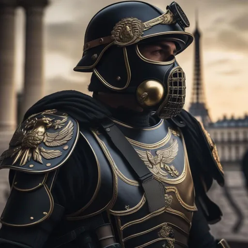 Prompt: A modern roman military male in black military armor galea helmet of roman armor, with a gunfire and gas mask, background Paris in war, Hyperrealistic, sharp focus, Professional, UHD, HDR, 8K, Render, electronic, dramatic, vivid, pressure, stress, nervous vibe, loud, tension, traumatic, dark, cataclysmic, violent, fighting, Epic