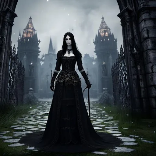 Prompt: dark souls, huge gothic vampire queen wearing lace dress, yours truly, standing in the middle of gate, 8k, ultra HD, 4k resolution, cinematic, by grimm brothers, Tim Burton, Huge daemon hounds