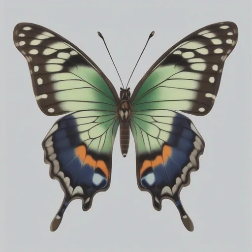 Prompt: Butterfly, species name Kamura Bowgun, navy blue legs grey body and swamp green and brown wings, Masterpiece, Best Quality