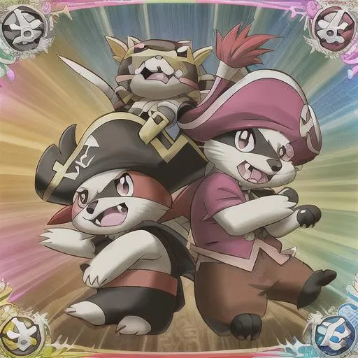 Prompt: pirate ferret in the style of pokemon card