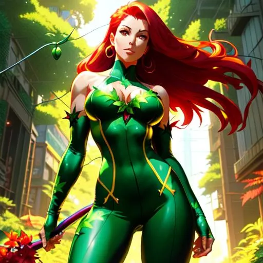 Prompt: ✨✨✨ Centered, fullbody shot, poison ivy character, in the style of Dan Mumford, Yusuke Murata, Makoto Shinkai, and Ross Tran, 8k, highly detailed, high quality, ✨✨*