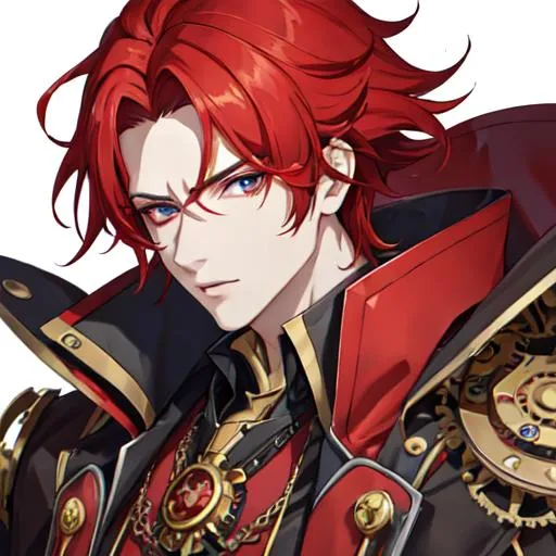 Prompt: Zerif 1male (Red side-swept hair covering his right eye) steampunk, UHD, 8K, highly detailed