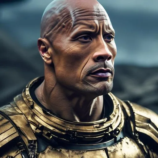 Prompt: dwayne johnson, pale, white, bald, black eyes, face tattoos, black and gold armor, space armor, scifi