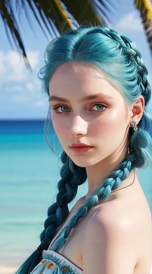 Prompt: Realistic, High Resolution, High Blue Hair, Green Eyes, Female, pale skin, Full-body, Long Hair, Braids In Hair, Light , Natural Makeup, pretty floral tattoos on arms, tight black dress, white beach with crystal clear blue sea background, , Beautiful Face, masterpiece, best quality, super detailed, high resolution, very detailed, 8k uhd, realistic, (natural light), amazing, fine detail, best, high quality, RAW photo, coy pose.