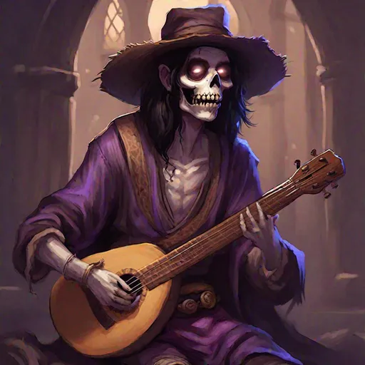 Prompt: Full body splash art of a sweet, cute, youthful, young, handsome, boyish undead zombie bard, singing and playing the lute, mummified pale face, shoulder long black hair, skinny, tyrian purple medieval noble clothes with puffy sleeves, floppy flat hat with feathers, D&D, dnd, fantasy, highly detailed, sharp focus, digital painting, trending on artstation, 4k, 8k, unreal engine