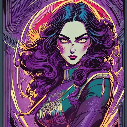 Prompt: Retro comic style artwork, highly detailed {regal looking young woman, long black hair waving in wind, vibrant purple eyes, vertical pupils}, comic book cover, symmetrical, vibrant