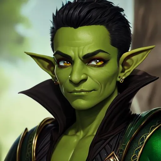 Prompt: oil painting, D&D fantasy, green-skinned-goblin man, green-skinned-male, small, short black hair, crazy look, pointed ears, fangs, looking at the viewer, cleric wearing intricate adventurer outfit, #3238, UHD, hd , 8k eyes, detailed face, big anime dreamy eyes, 8k eyes, intricate details, insanely detailed, masterpiece, cinematic lighting, 8k, complementary colors, golden ratio, octane render, volumetric lighting, unreal 5, artwork, concept art, cover, top model, light on hair colorful glamourous hyperdetailed medieval city background, intricate hyperdetailed breathtaking colorful glamorous scenic view landscape, ultra-fine details, hyper-focused, deep colors, dramatic lighting, ambient lighting god rays, flowers, garden | by sakimi chan, artgerm, wlop, pixiv, tumblr, instagram, deviantart