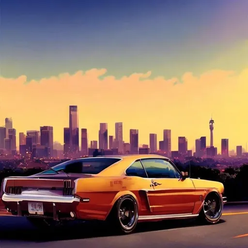 Prompt: Digital Painting of a 1960's Ford Mustang sitting atop a hill over looking the Los Angeles city skyline at night, highly detailed,  digital painting, artstation, concept art, matte, sharp focus, illustration, accurate, detailed , art by Artgerm and Greg Rutkowski and Alphonse Mucha