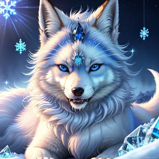 Prompt: (masterpiece, professional illustration, epic digital art, best quality:1.5), insanely beautiful female ((fox)), (canine quadruped), adolescent, ice elemental, deep blue pelt covered in frost, bashful hypnotic sapphire blue eyes, gorgeous silver mane covered in snowflakes, (plump), finely detailed fur, hyper detailed fur, (soft silky insanely detailed fur), moonlight beaming through clouds, grassy field covered in frost, cool colors, professional, symmetric, golden ratio, unreal engine, depth, volumetric lighting, rich oil medium, (brilliant auroras), (ice storm), full body focus, beautifully detailed background, cinematic, 64K, UHD, Yuino Chiri, intricate detail, high quality, high detail, masterpiece, intricate facial detail, high quality, detailed face, intricate quality, intricate eye detail, highly detailed, high resolution scan, intricate detailed, highly detailed face, very detailed, high resolution, perfect composition, epic composition