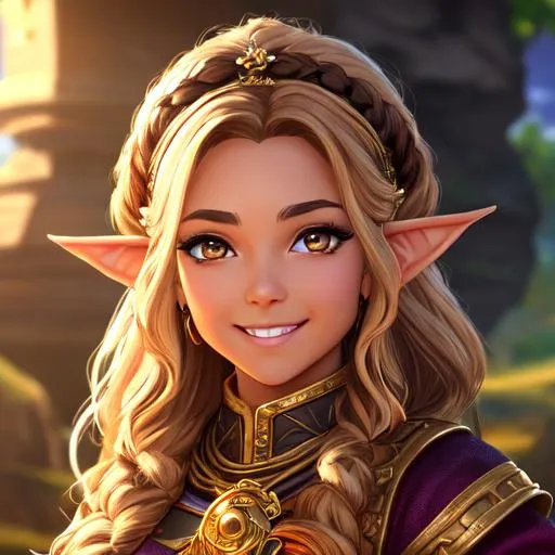 Prompt: oil painting, D&D fantasy, gold dwarf girl, tanned-skinned-female, beautiful, short bright dirty brown hair, wavy hair, smiling, pointed ears, looking at the viewer, cleric wearing intricate adventurer outfit, #3238, UHD, hd , 8k eyes, detailed face, big anime dreamy eyes, 8k eyes, intricate details, insanely detailed, masterpiece, cinematic lighting, 8k, complementary colors, golden ratio, octane render, volumetric lighting, unreal 5, artwork, concept art, cover, top model, light on hair colorful glamourous hyperdetailed medieval city background, intricate hyperdetailed breathtaking colorful glamorous scenic view landscape, ultra-fine details, hyper-focused, deep colors, dramatic lighting, ambient lighting god rays, flowers, garden | by sakimi chan, artgerm, wlop, pixiv, tumblr, instagram, deviantart