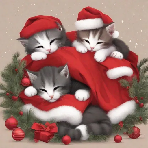 Prompt: kittens sleeping under a red christmas tree
