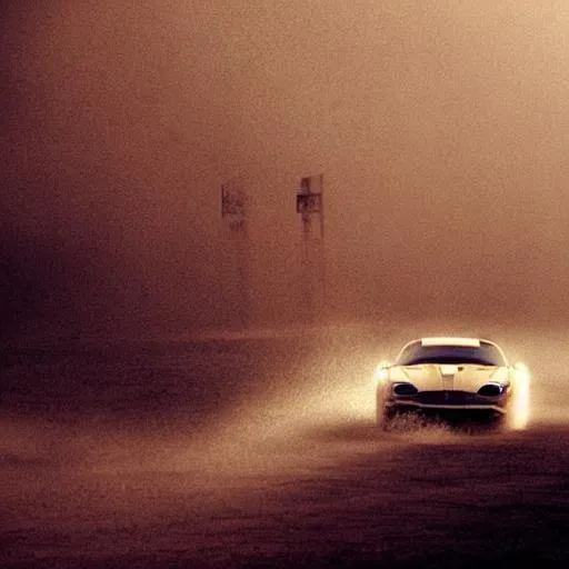 Prompt: A dramatic Dali inspired image of a porche racing through a sandstorm with a romantic couple in it