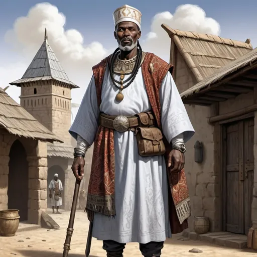 Prompt: Full body, Fantasy illustration of a marabout, male western African scholar and cleric, 50 years old, secretive expression, colorfull traditional garment and headwear, black  hair, high quality, rpg-fantasy, detailed, ancient mali empire city background