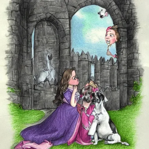 Prompt: pencil colour drawing of: Amelia discovered that the ruler of Dogland was a wise and regal Great Dane named King Barkley. Eager to meet the princess and hear her tale, King Barkley invited Amelia to his grand castle. As she entered the castle gates, Amelia was greeted by a joyful chorus of barks and wagging tails. 