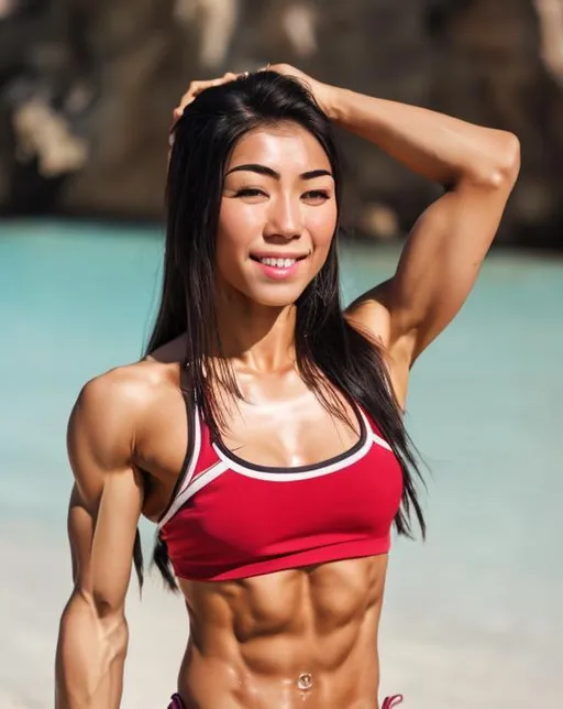 strong Asian female with 6 pack abs in bikini