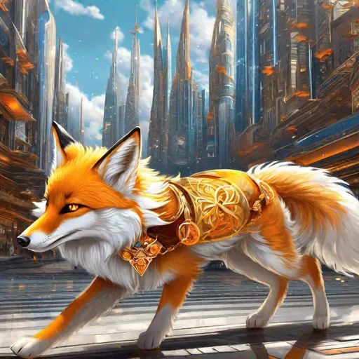 Prompt: (masterpiece, 2D, hyper detailed, epic digital art, professional illustration, fine colored pencil), Adolescent runt ((kitsune)), (canine quadruped), nine-tailed fox, dreamy amber eyes, fuzzy {white-gold} pelt, (golden necklace with brilliant orange gemstone), pointy brown ears, in a large futuristic city, skyscrapers tower above her, misty rain, clear puddles on floor, the city lights up against twilight, possesses ice, timid, curious, cautious, nervous, alert, expressive bashful gaze, slender, scrawny, fluffy gold mane, {frost} on face, dynamic perspective, frost on fur, fur is frosted, sparkling ice crystals in sky, sparkling ice crystals on fur, sparkling rain falling, frost on leaves, dreamy, melodic, highly detailed character, petite body, large ears, full body focus, perfect composition, trending art, 64K, 3D, illustration, professional, studio quality, UHD, HDR, vibrant colors