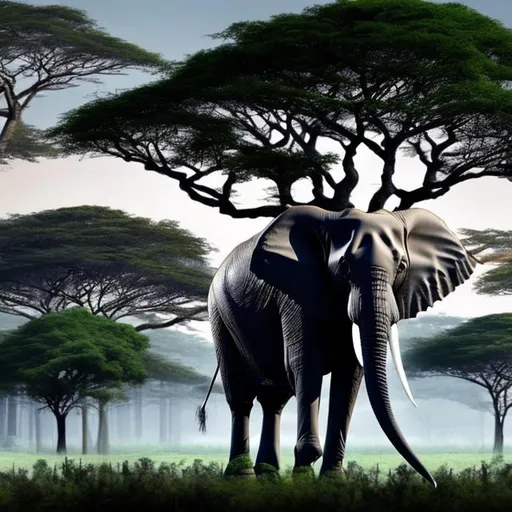 Prompt: Background forest, foreground  forest. A single elephant next to a heavily  trunked tree closer to the foreground. Add color to the tree and elephant only. More focus  on the tree and elephant.  More prominent tree.
