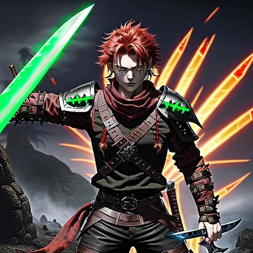 Prompt: digital art, sinister viking boy, 18-year-old, chaotic evil, red short messy hair, no facial hair, neon green bandana scarf, dark brown, dark brown long-sleeve shirt, pants, leather armor, two daggers, dozen throwing knives, red hair, greatsword strapped to back, heroic, god-like, tall, strong, last stand, legendary, final battle, warrior, army