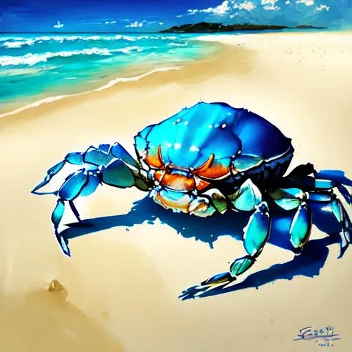 Prompt: blue crab on a white sandy beach with blue ocean waters in the background, fantasy art