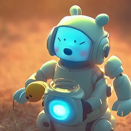 Prompt: Pooh in a futuristic robot suit with light with a helment