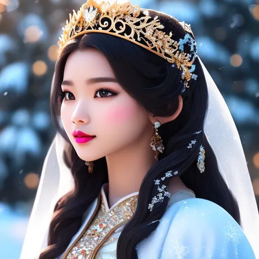 Prompt: High quality ice kingdom Malaysian Princess with black with snow flakes long hair, hyper realistic, brown eyes, cherry lips, smooth and soft skin, 4HD, 1080p. Sparkles, renaissance dress