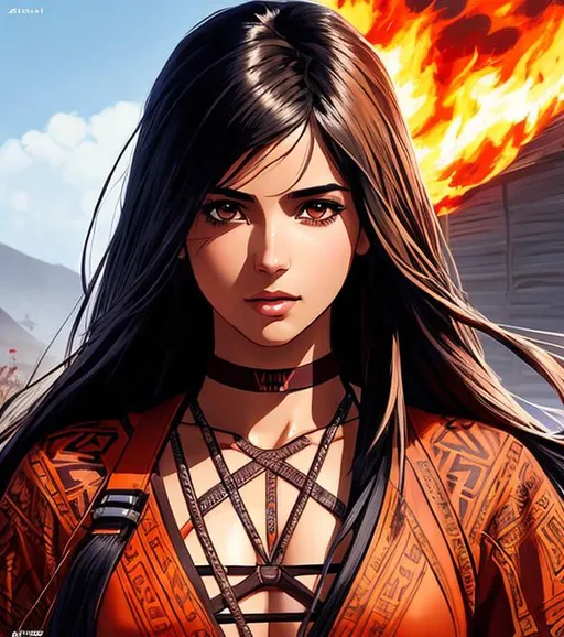 Prompt: Manga cover art. Naomi Scott with brown long hair, wearing brown well oil leather tribal cueitl war dress, intricate tribal village, realistic face, emotional lighting, cover logo "Azmaat" , character illustration by Ilya Kuvshinov, chainsaw man, fire punch 