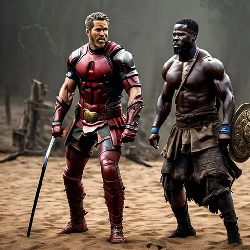 Prompt: ryan reynolds as a warrior fighting kevin hart as a warrior