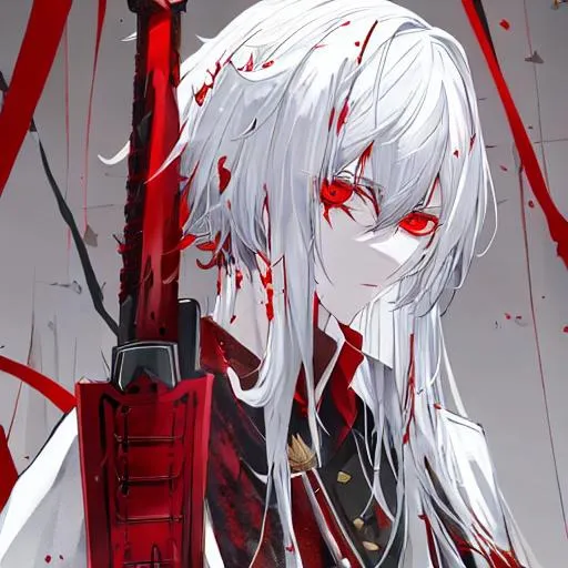 Prompt: White hair, red eyes, . bloody hell, king, soldier, death, red sword

